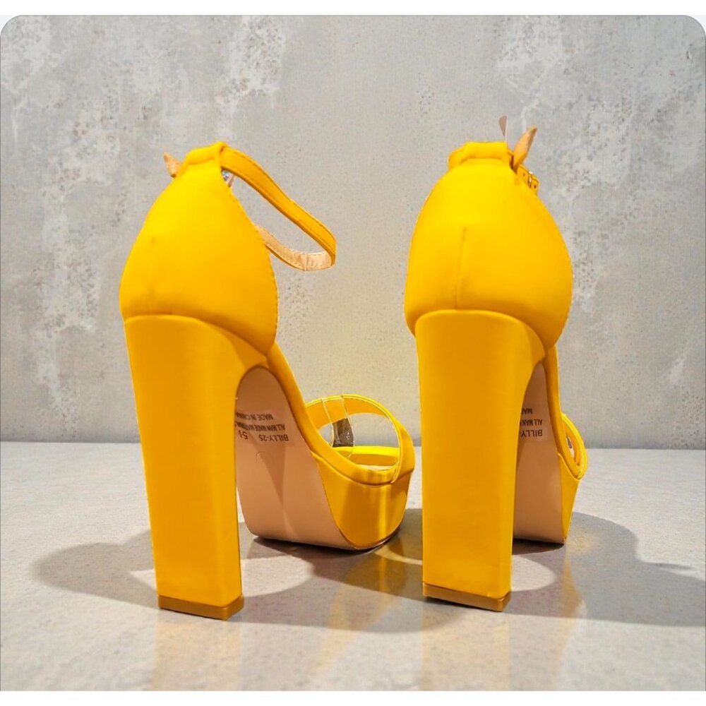 Mustard Platform High Heels With Ankle Strap Open Toe Design Faux Leather Finish - Picture 5 of 9
